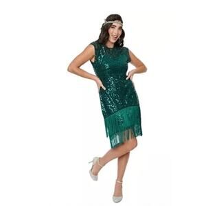 Unique Vintage 1920s Flapper Gatsby Dress Costume Green Sequins Sz 1X #18